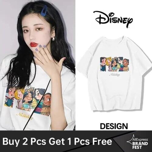 Disney Princess Snow White Cinderella Ariel Jasmine Cartoon Letter Print Chic Women T-Shirt O-Neck Pullover Short Sleeve Tee Top