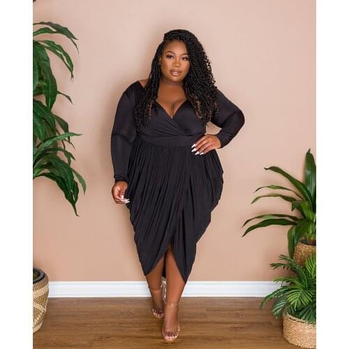 XL-5XL 2021 fall clothes for women fashion elegant solid color long sleeve v neck plus size dresses Wholesale dropshopping