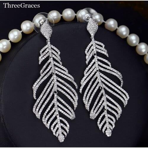 ThreeGraces Korean Fashion Cubic Zirconia Micro Pave Big Long Feather Earrings for Women Party Designer Jewelry Gift ER277