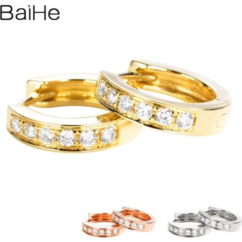 BAIHE Solid 14K Yellow/Rose/White Gold 0.18ct Round Natural Diamond Earring Women Wedding Trendy Fine Jewelry Cерьги 2020 тренд