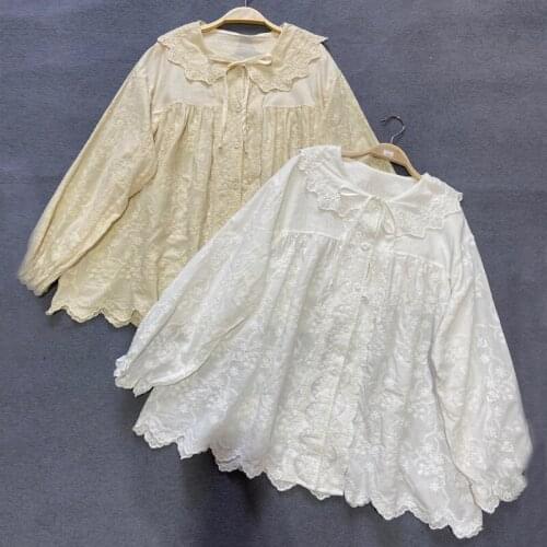 Johnature New Embroidery Full Sleeve Women Tops 2021 Autumn Ruffles Collar Loose Solid Color Female Shirts