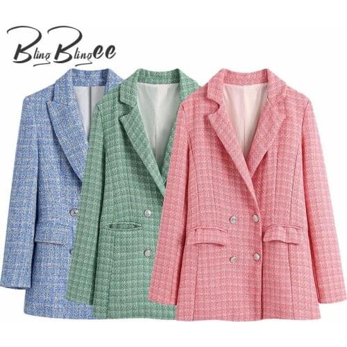 BlingBlingee OL Office Lady Suit Jacket Spring Autumn Double Breasted Tweed Woolen Women Casual Blazers Female Long Coats