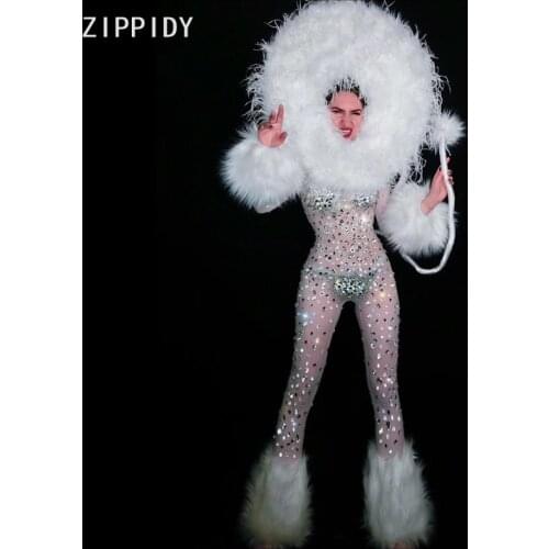 Silver Big Stones Feather See Through Jumpsuit Women Singer Dance Bar Cosplay Rhinestones Outfit Prom Party Outfit