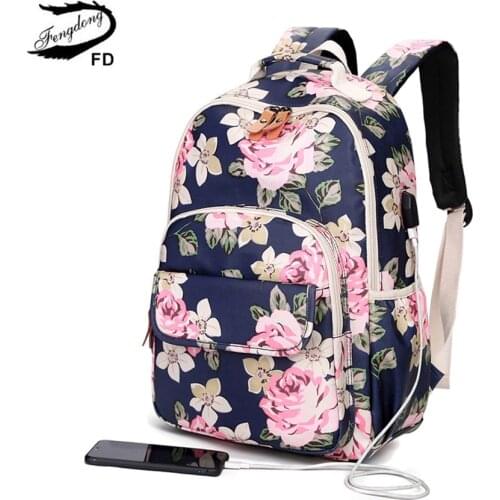 Fengdong teenage girls black floral backpack flowers school bags for kids usb port school backpack children book bag student bag
