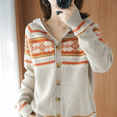 2021 New Womens Wool Cardigan Hooded Small Jacket Color-blocking Button Knit Cardigan Loose Large Size Ladies Top