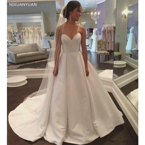 Sweetheart Neck A-line Wedding Dresses Court Train Zipper Back Satin Bridal Wedding Gowns Vestido De Novia