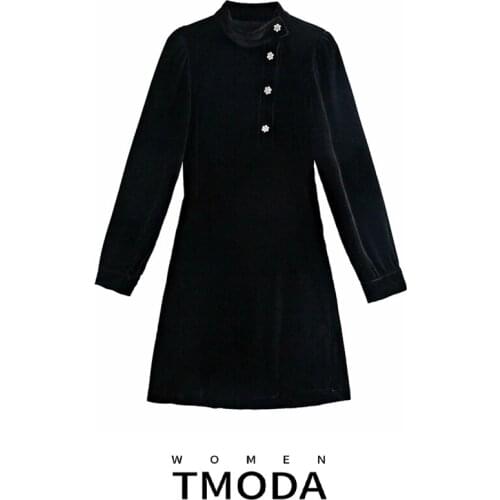 TMODA970 Women 2021 Chic Fashion With Bejewelled Buttons Velvet Mini Dress Vintage Stand Collar Long Sleeve Female Dresses