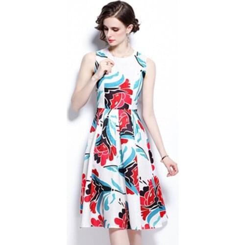 Vintage Runway Tank Dress For Women 2021 Summer Elegant Sleeveless Floral Print Party Dresses Ladies Simple A-Line Midi Vestidos