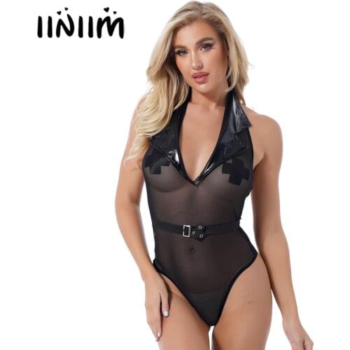 Womens Sexy Sheer Mesh Patchwork Bodysuit Clubwear Halter Deep V Neck Notch Lapel Adjustable Buckle Slim Fit Lingerie Bodysuit