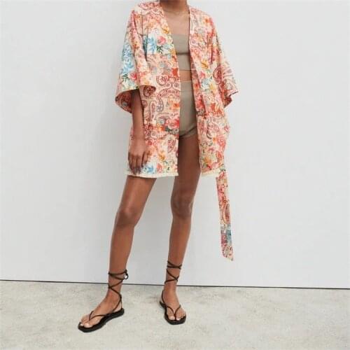 ZXQJ Women 2021 Fashion With Belt Patchwork Printed Kimono Blouses Vintage Wide Sleeve Frayed Hem Female Shirts Chic Tops