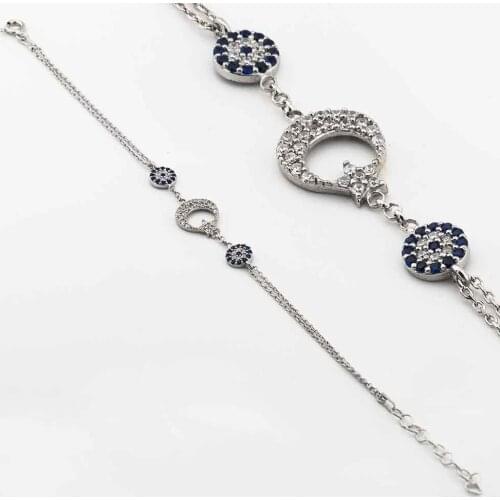 925 Sterling Silver Bracelet with Evil Eye Bead and Moon Star Design