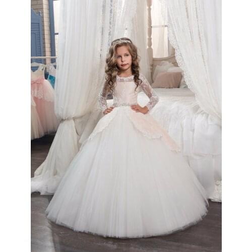 Flower Girl Dresses For Weddings White and Champagne Lace Long Sleeve Applique Belt First Communion Dress For Girls