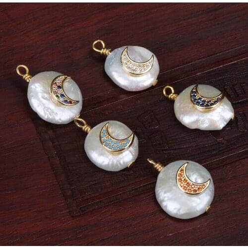 Cz crystal pave tiny gold crescent new moon charms natural freshwater pearl pendant bead charm for choker earring jewelry making