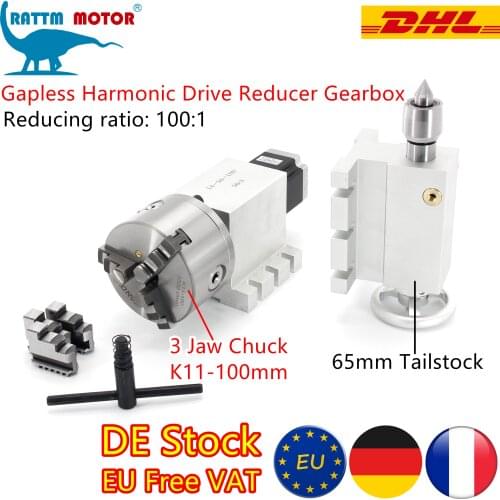 【EU Ship VAT】50:1 4th Axis Rotary Axis Gapless Harmonic Reducer Gear Box 3 Jaw Chuck K11-100mm&65mm Tail Stock CNC Router