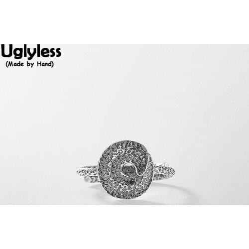 Uglyless 100% Real Solid 925 Sterling Silver Ganoderma Open Rings for Women Ethnic Thai Silver Square Ring Handmade Fine Jewelry