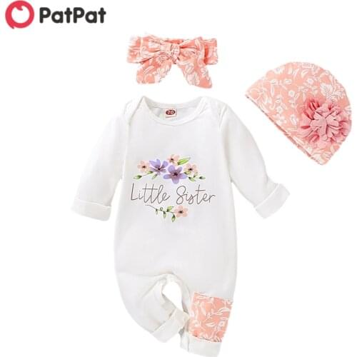 PatPat 2020 New Spring and Autumn 3-piece Baby Girl Little Sister Letter Print Long-sleeve Jumpsuit , Headband, Hat Set Clothes