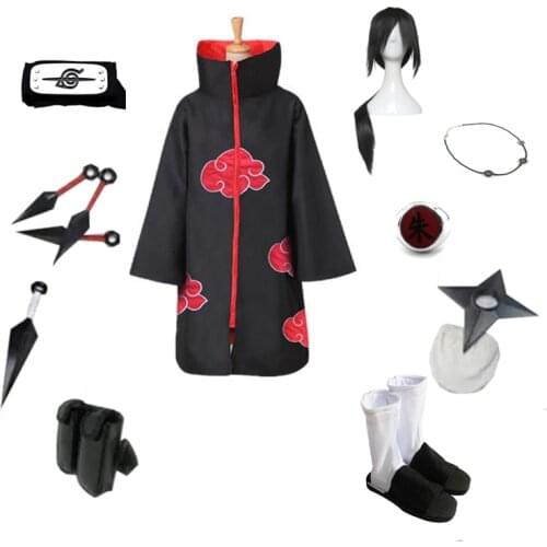 Brdwn Akatsuki Unisex Itachi Suit Cosplay Costume (Red Cloud Cloak+Headband+Shoes+Ring+Kunai+bag+shuriken+necklace)