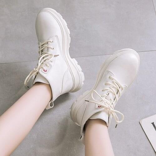 Microfiber Leather-boots Lace Up Thick Sole Boots New High Top Autumn Shoes for Women Bottines Beiges Black Short Boots Woman