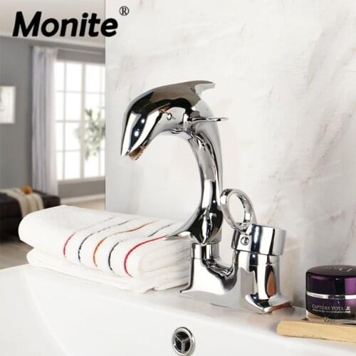 Monite Dolphin Polished Chrome Solid Brass 1 Handle 2 Hoses Deck Mounted Stream Spout Bathroom Basin sink Mixer Tap Faucet