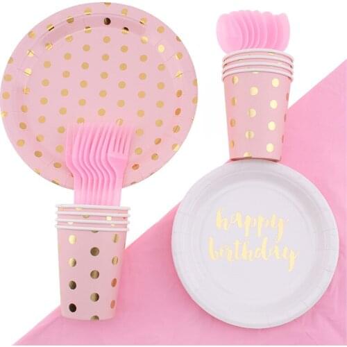 Pink Dot Bronzing Theme Cutlery Set Disposable Cup Plate Napkin Tablecloth Party Decoration Supplies Birthday Party Supplies