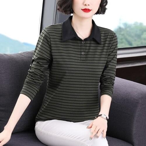 2021 Spring Autumn Women New Striped Pullover Hoodie Female Loose Sweatshirt Ladies Middle-aged Mother Polo Shirt Hoodies R551