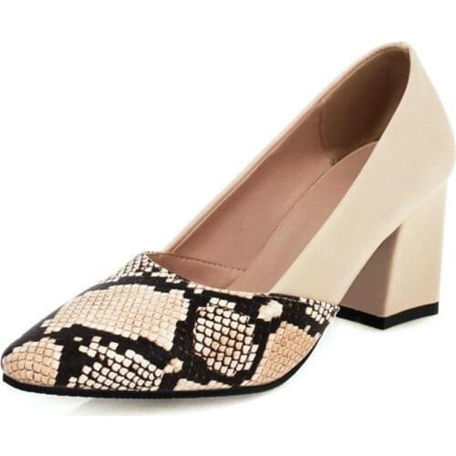 Thick-heeled shoes womens spring new light tone high-heel work shoes snake pattern stitching womens single shoes