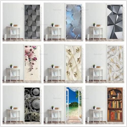 Pvc Waterproof Door Sticker Decorative Wall Papers Geometry Design Scenery Flower Waterproof Vinyl Self Stick Diy Door Posters f