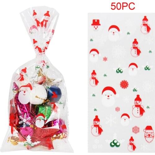 50PCS/SET Christmas Gift Bag Santa Claus Print Cellophane Bags Baking Candy Packag Bags Xmass Party New Year Gifts Navidad 2021