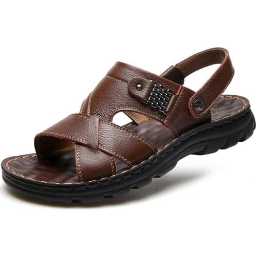Men Genuine Leather Slippers Summer Casual Beach Shoes Male Solid Color Slip-On Breathable Comfortable Sandals