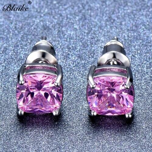 Blaike Unique Pink Square Cubic Zircon Stud Earrings Silver Color For Women Boutique Jewelry Halloween Gifts