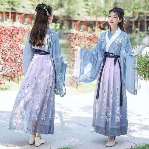 Spring Chinese Women Hanfu Dresses Ancient Traditional Han Dynasty Clothes Princess Costumes Floral Embroidery 2 Piece Sets