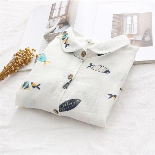 Cotton 100% Fish Printed Women Shirts Summer New 2021 Turn-Down Collar Long-Sleeved Loose Elegant Female Outwear Coats Tops