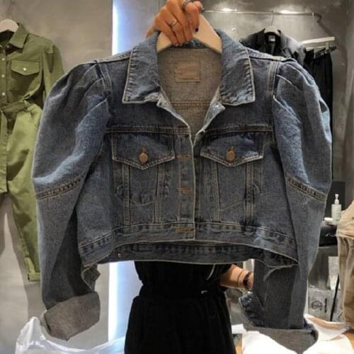 Ladies Loose Casual Overcoats 2021 Autumn New Puff Sleeve Women Blue Turn-Down Collar Short Coats