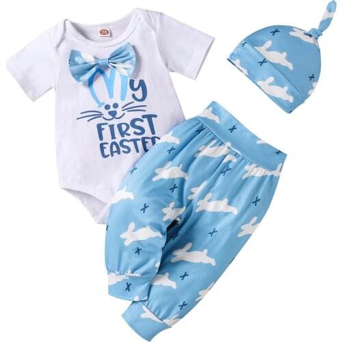 2021 New Summer Newborn Babys 3Pcs Easter Romper Set Short Sleeve Bodysuit with Rabbit Printed Long Pants and Hat