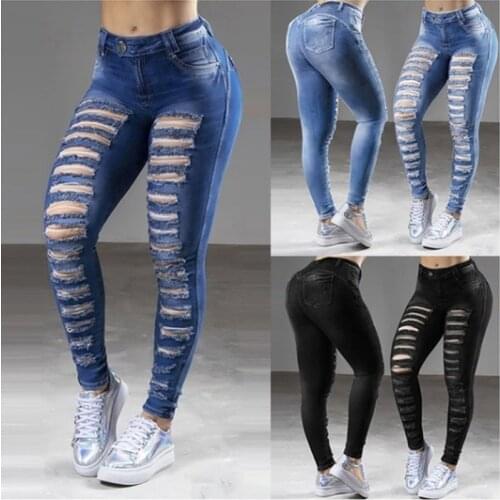 2021 Womens Jeans Street Hipster Washed Cotton Denim Dark High Waist Blue Trousers Women Ripped Skinny Jeans for Teen Girls