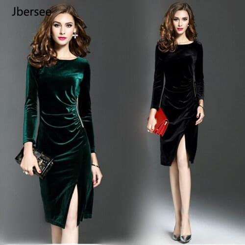 Black Velvet Dress Green Long Sleeved Dresses Sexy Slim Spring Summer Dress Plus Size O Neck Mid Sleeve Women Femme Vestidos