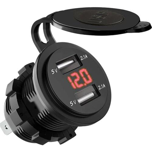 Dual USB Charger Socket Waterproof Power Outlet 2.1A 2.1A with Voltmeter & Wire in-line 10A Fuse for 12-24V Car Boat Motorcycle