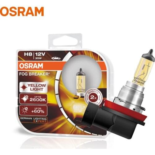 OSRAM H8 Yellow 62212FBR Halogen Fog Breaker 12V 35W Car Original Fog Lamps 2600K Light +60% Brighter Genuine Auto Bulb, Pair