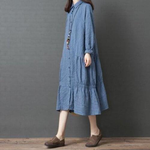 Johnature Autumn Korean Loose Fashionable Plaid Turn-down Collar Women Dress 2021 New Simple Comfortable Long Sleeve Women Dress