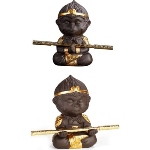 Chinese Purple Clay Monkey King Tea Pet with Cudgel Ceramic Kung Fu Small Teaset Animal Statue Home Tea Tray Decoration