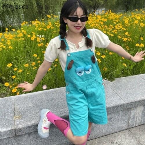 Blue Rompers Women Streetwear Loose Print Cute Girls All-match BF Leisure Harajuku Clothing Wide Leg Vacation Casual Breathable