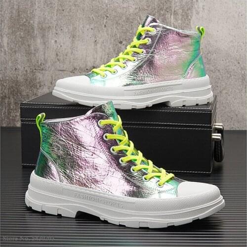 Silver Leather Mens High Tops Board Shoes Hip Hop Sneakers Flats Casual Martin Shoes Chaussure Homme