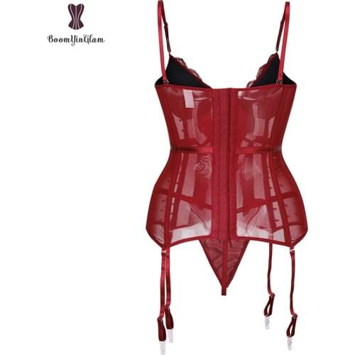 Padded Cups Stretch Lace Corset With Thong And Bow Removable Straps Bustier Sexy Lingerie