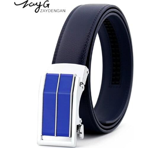 ZAYG belt for men cow genuine leather belts mens alloy automatic buckle men new men gifts luxury brand blue designer belts