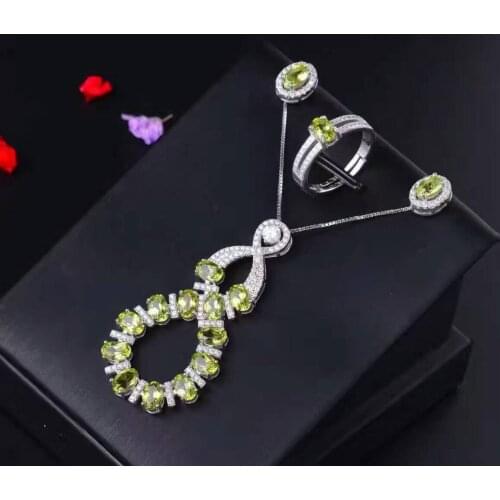 Natural green peridot gem jewelry sets natural olivine ring Pendant Earrings 925 silverLuxury personality gift fine jewelry