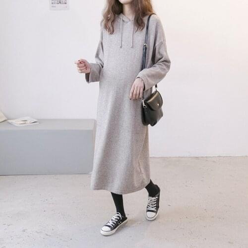 Autumn Winter Maternity Loose Long Hooded Dresses Expectant Mother Soft Knit Dress Pregnant Women Solid Color Pregnancy Clothes