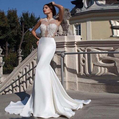 Sexy Wedding Dresses Jersey Appliques Pleat Bateau Sleeveless Zipper Mermaid Bridal Gowns Novia Do 2021 New Party