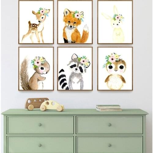 Flower Animal Canvas Poster Rabbit Fox Squirrel Owl Nursery Wall Art Print Painting Wall Pictures Kids Baby Bedroom Decoration
