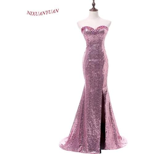 NIXUANYUAN Sweetheart Pink Sequined Floor Length Gown Sexy Side Split Mermaid Bridesmaid Dress 2020 Long Vestido de dama de Real