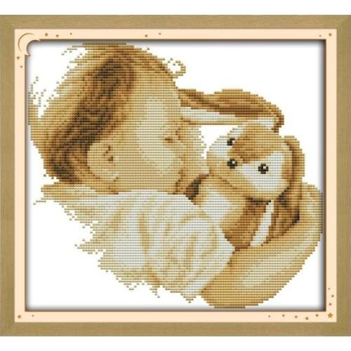 Joy Sunday Baby Sleeping with Doll Cross Stitch Kits Chinese Embroidery Needlework Embroider Set Decorations for Childrens Room